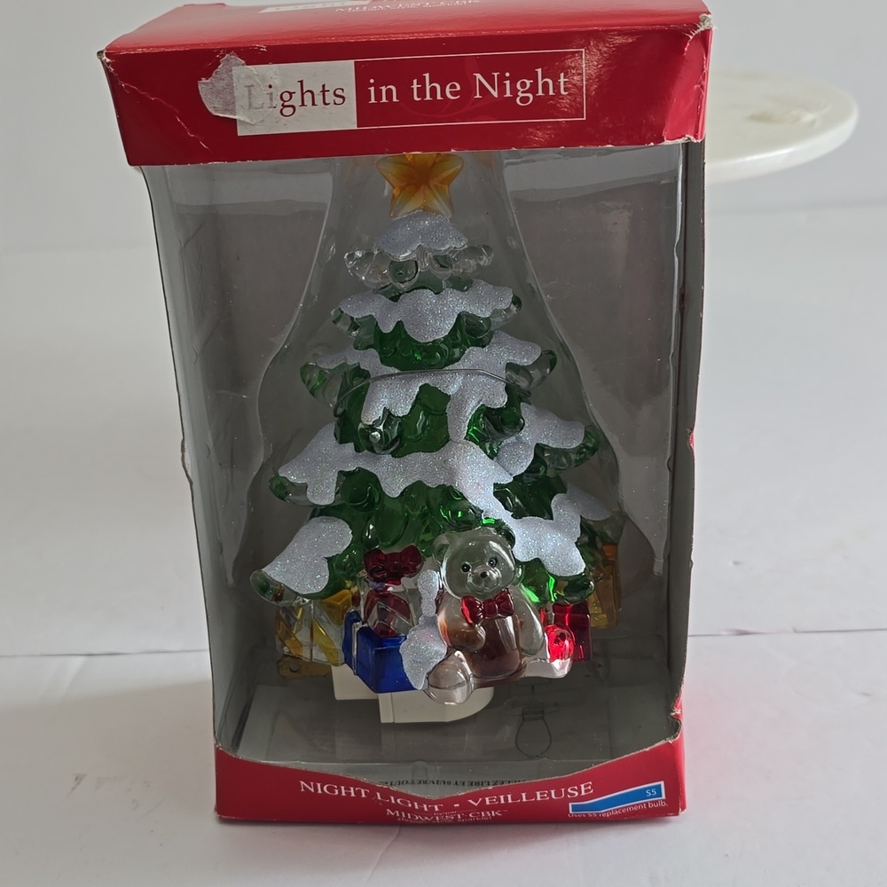 NIB Midwest CBK Christmas Tree Glitter Gifts Teddy Bear Night Light Swivel Plug
